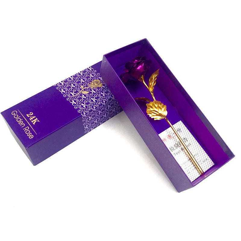A luxurious 24K gold-plated rose flower bouquet set with a gift box and tote bag