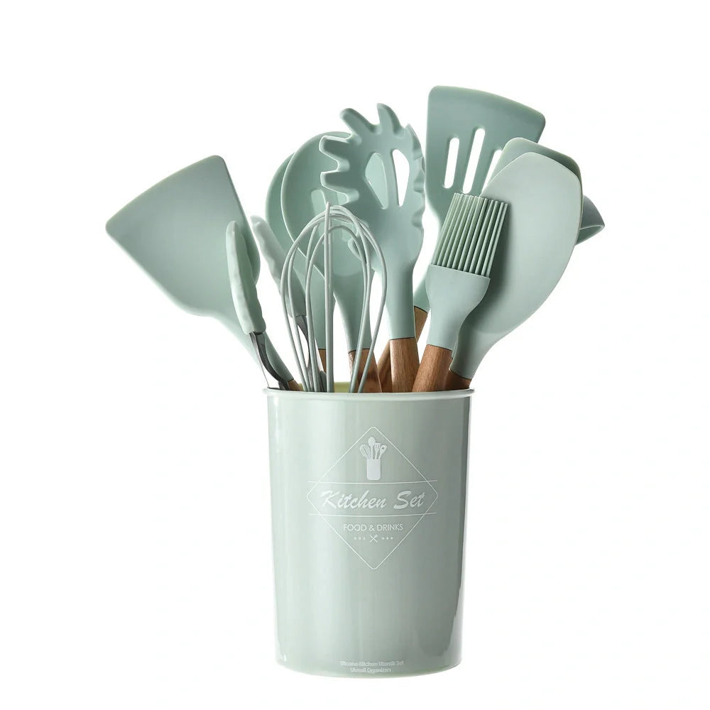 Silicone kitchenware set with wooden handles in various colors and styles, perfect for cooking, baking, and serving