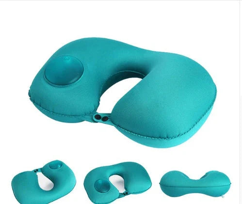 Inflatable travel pillow with U-shaped design for neck and head support, available in multiple colors