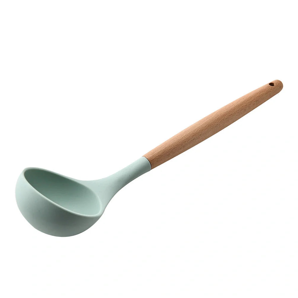 Silicone kitchenware set with wooden handles in various colors and styles, perfect for cooking, baking, and serving