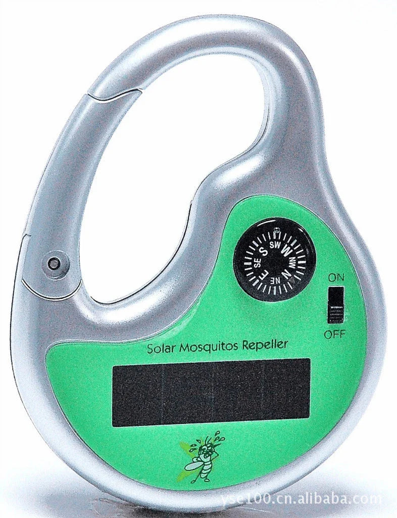 A compact, solar-powered ultrasonic mosquito repellent device with a green housing and solar panel