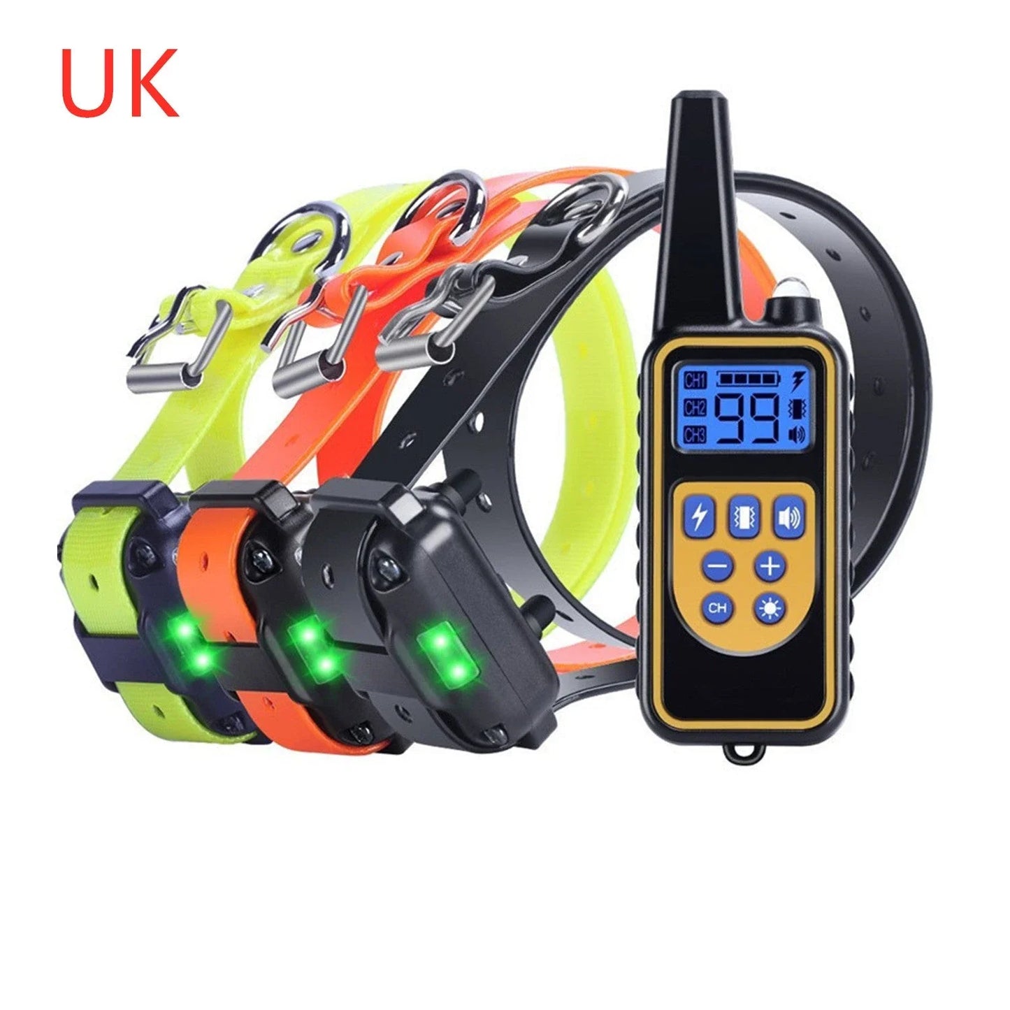 Remote-controlled anti-bark dog training collar with adjustable settings and 800-yard range