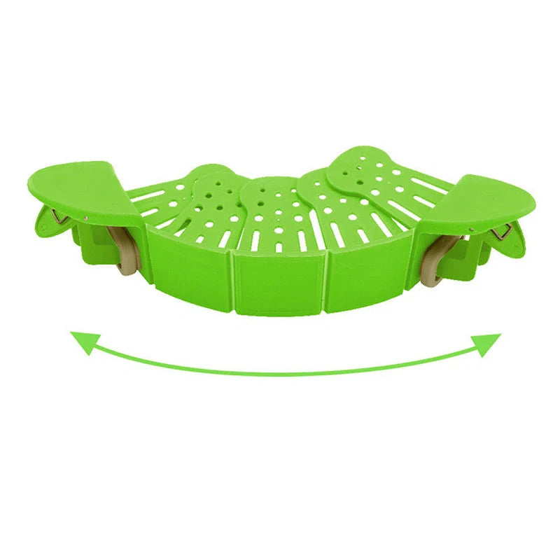 Universal Silicone Clip-on Pan Pot Strainer in purple and green, showcasing its compact design and clip mechanism