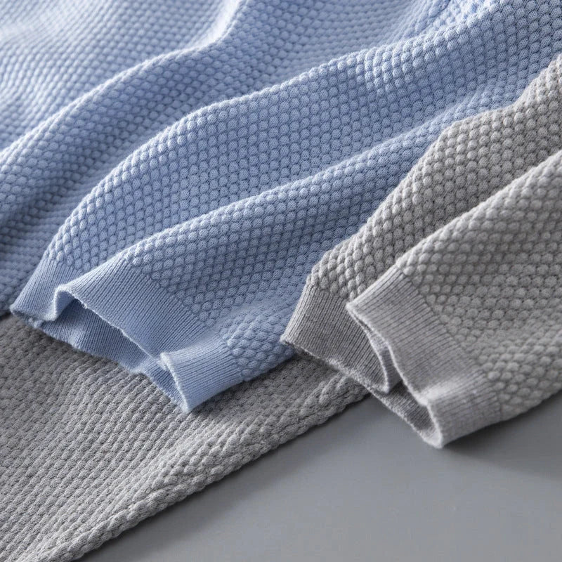 Men's V knit lapel short sleeve top in cotton, available in blue, navy blue, and grey