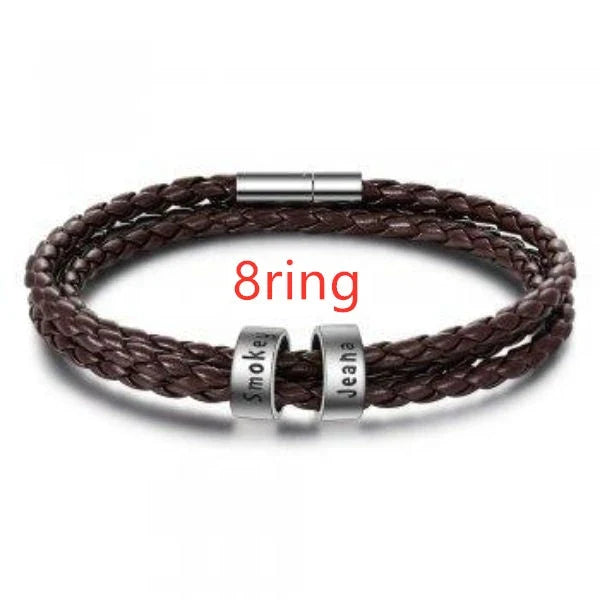 Personalized Leather Bracelet with Engraved Name Charm in Black and Brown Colors