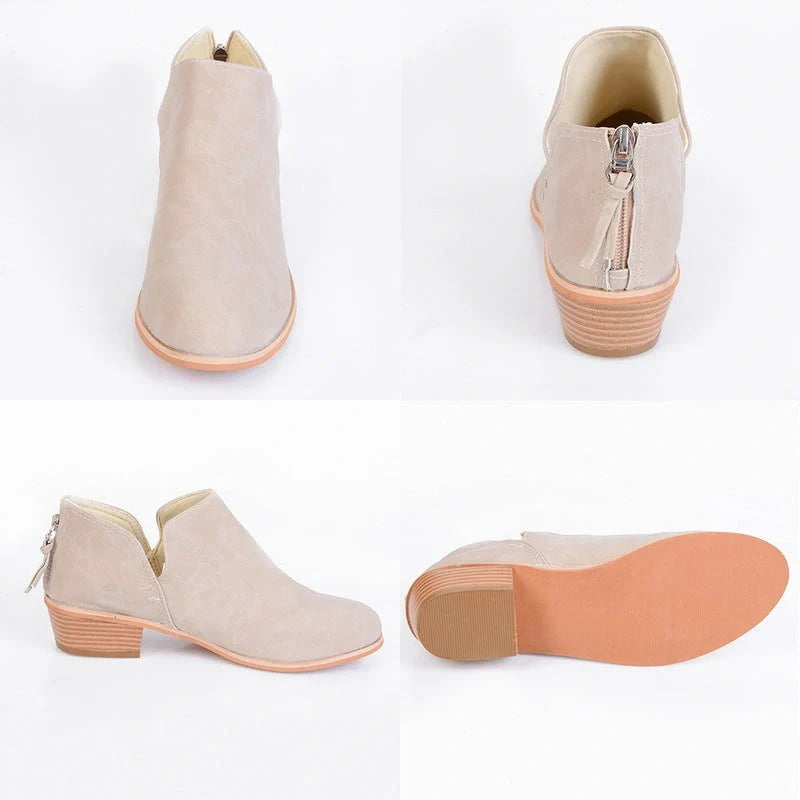 Stylish retro high heel ankle boots for women in pink, black, and beige