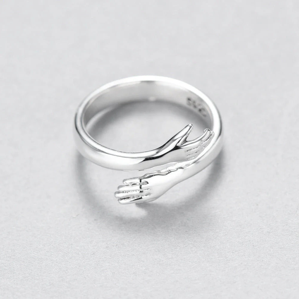 Adjustable love hug couple ring in brass and white steel, men's 18mm, women's 16mm