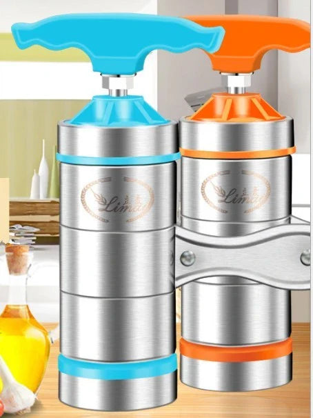 Compact stainless steel pasta maker with multiple pasta moulds for creating homemade pasta shapes