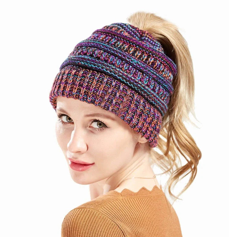 Stylish knitted wool beanie for British ladies with a discreet ponytail hole and a variety of vibrant colour options