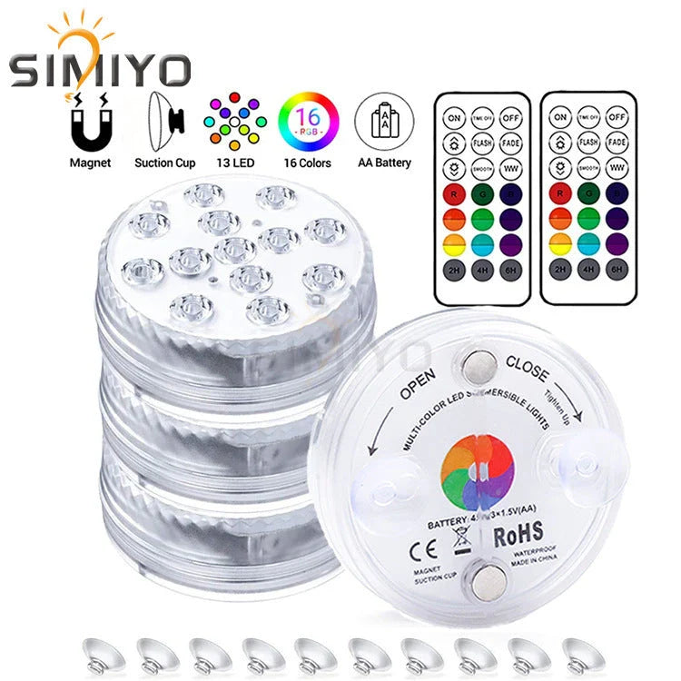 Wireless submersible LED lights with remote control, perfect for pools, spas, and outdoor decor