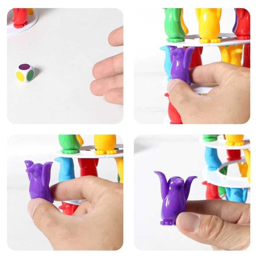 Stackable penguin-themed balance game with colourful plastic pieces for building challenging towers