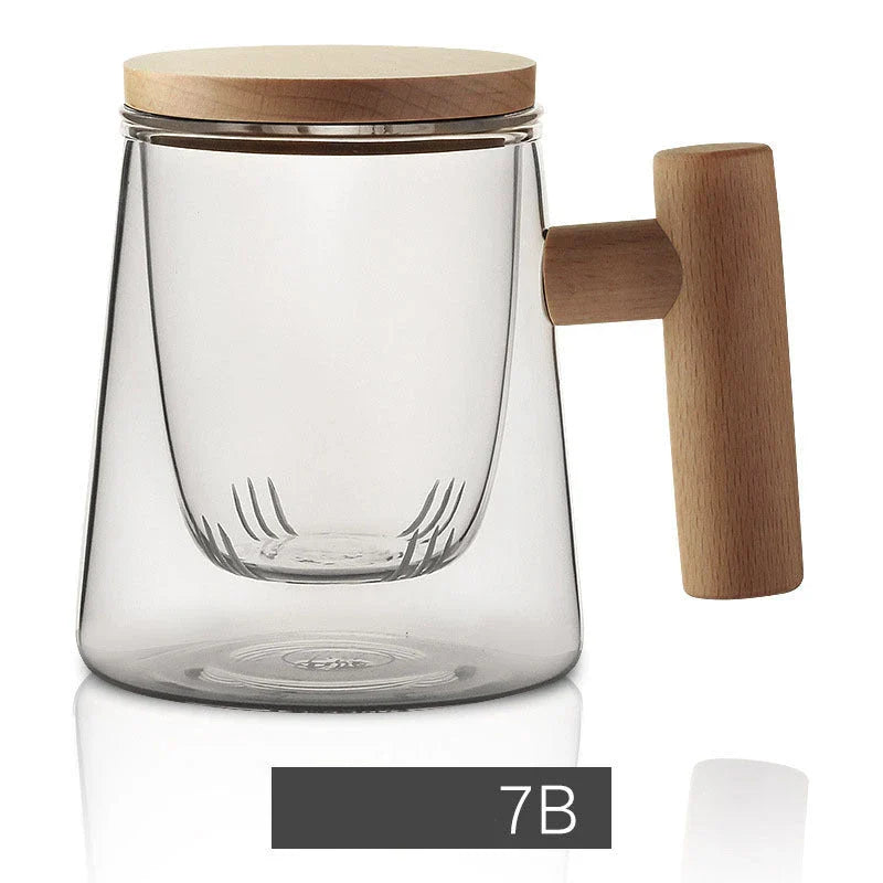Premium borosilicate tea infuser cup with natural walnut handle, available in various sophisticated colour options