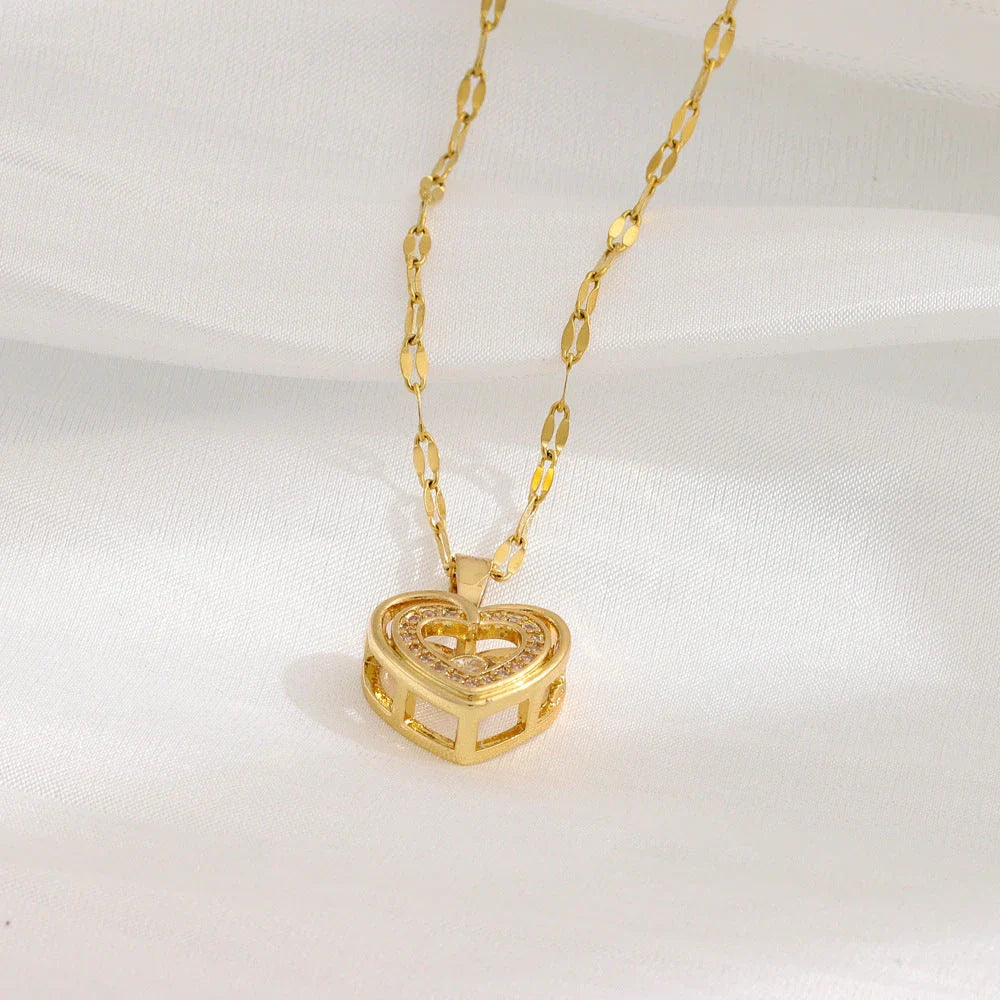 Elegant double-layered love necklace with rhinestones, titanium steel pendant, fashion jewellery for women