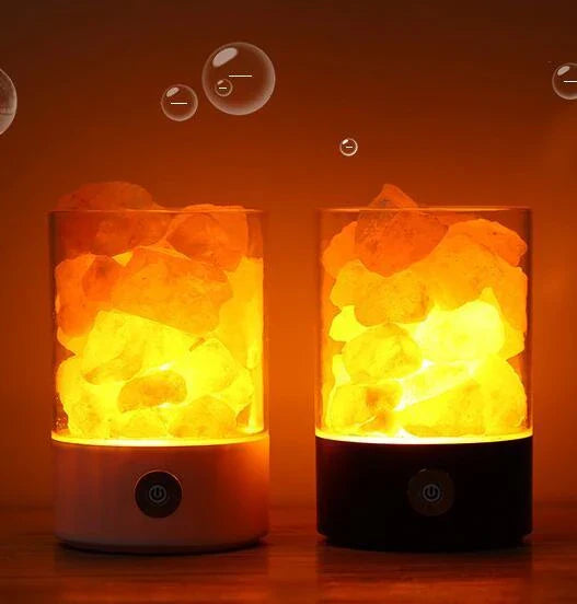 Himalayan salt lamp with warm, amber glow and adjustable lighting settings