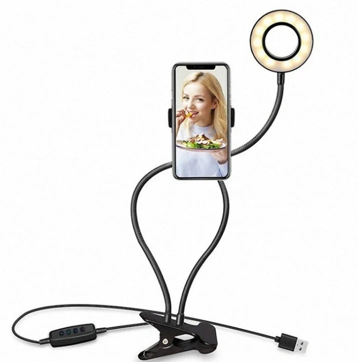 Adjustable LED ring light with 360-degree swivel ball head for capturing flawless selfies and makeup application