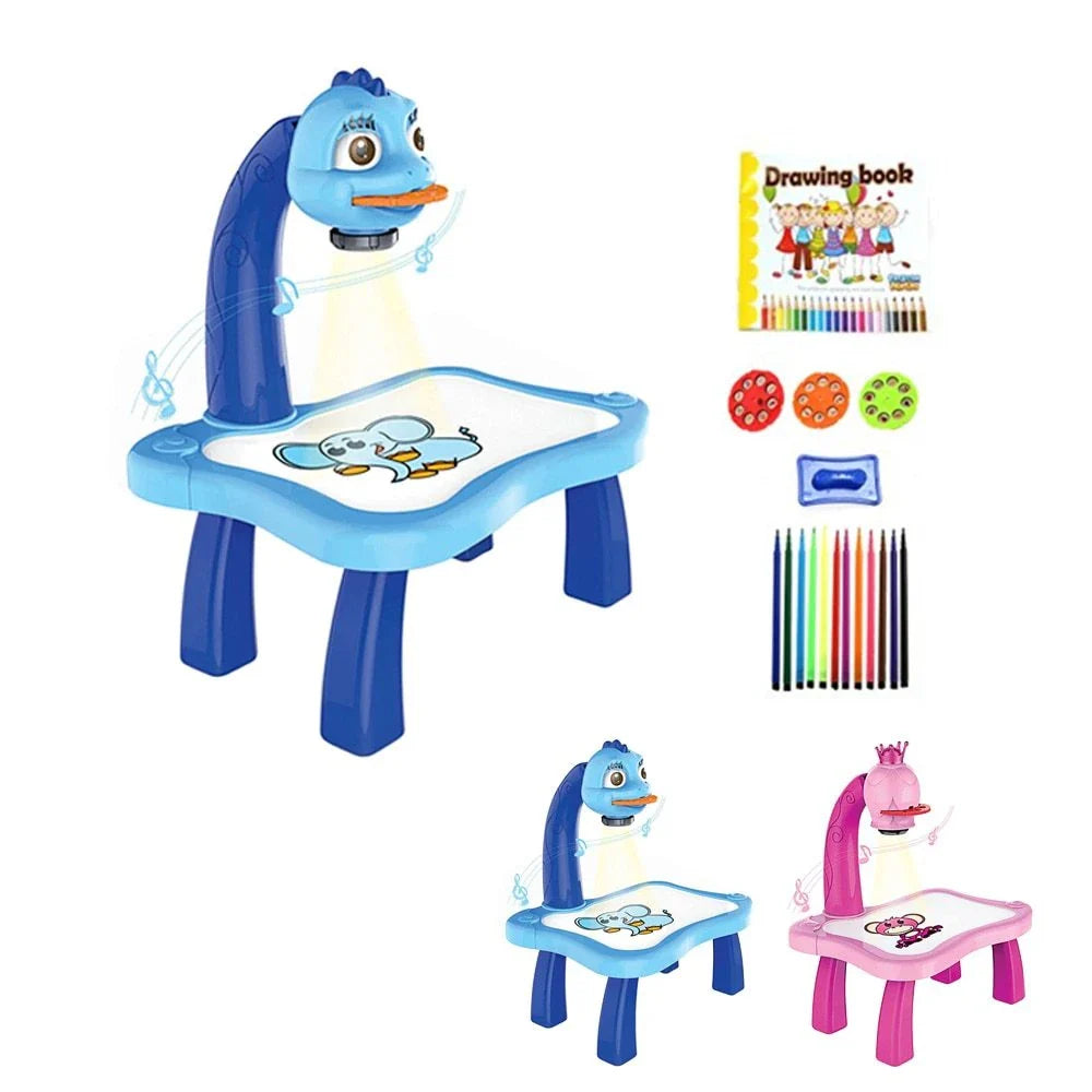 A smart projection art desk with various colourful patterns, drawing pens, and a blank drawing book, designed to stimulate children's creativity and intellectual development.