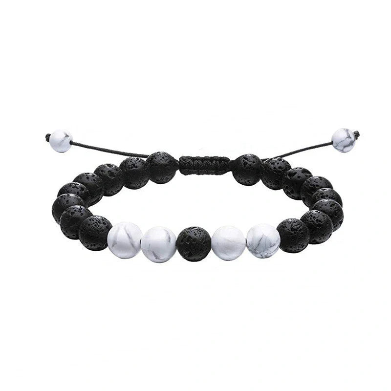 Matte black agate beads and tiger eye couple bracelets with geometric design