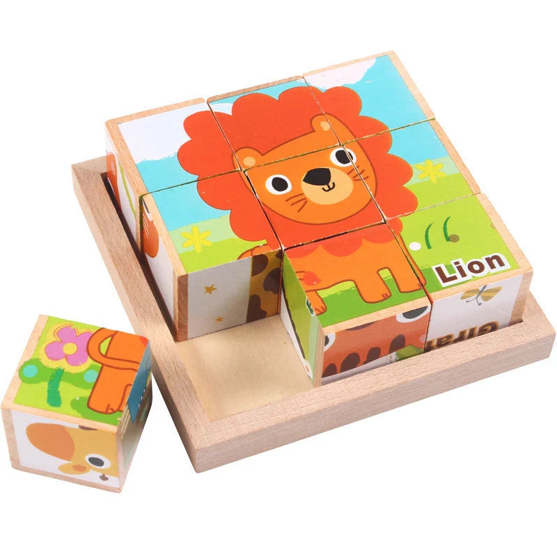 Colourful wooden 3D jigsaw puzzle with various patterns including fruit, insects, traffic, and animals