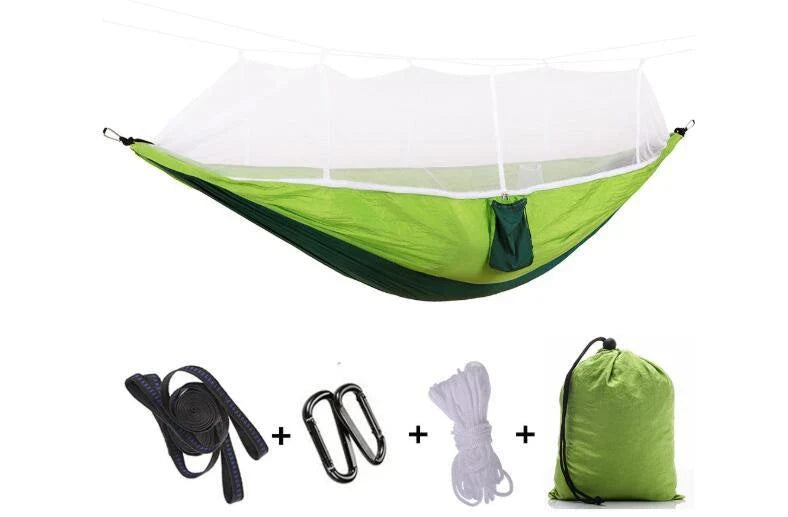 Versatile parachute hammock with mosquito net for outdoor camping and relaxation