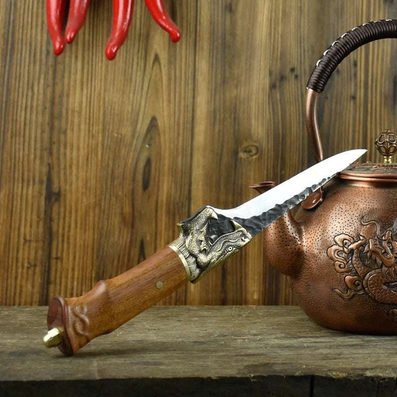 Hand-forged slicing knife with rosewood handle and pure copper guard