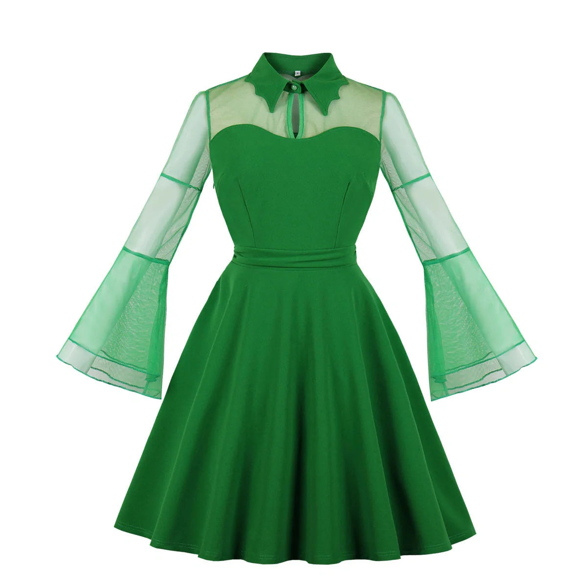 Elegant vintage-inspired dress with big swing skirt, lapel collar, and unique nine-point sleeves