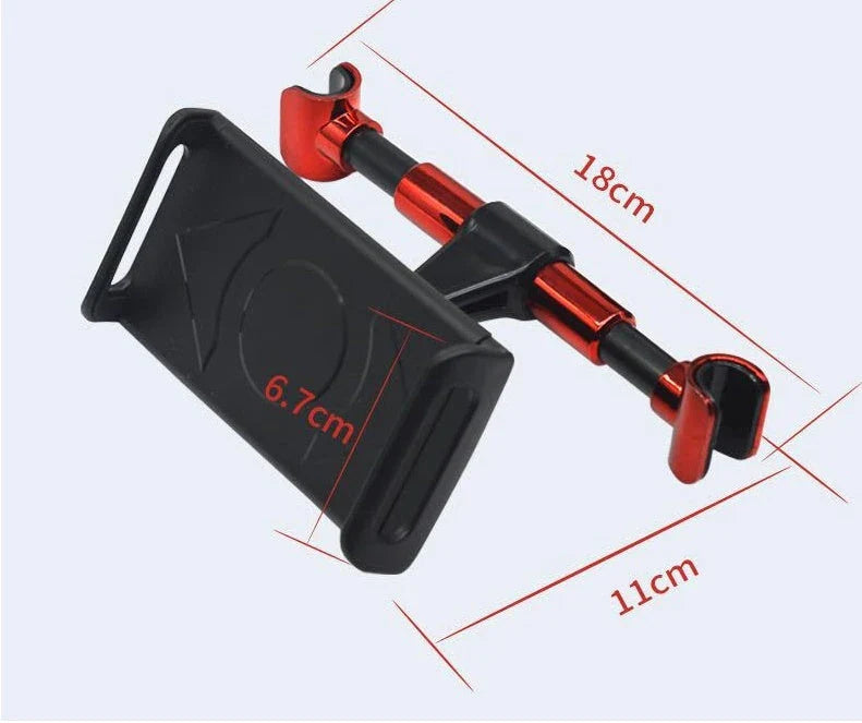 Adjustable car headrest mount for holding smartphones and tablets, with 360-degree swivel and telescopic arm for optimal viewing