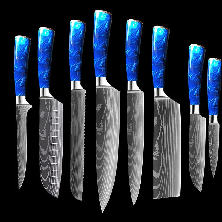 Premium 8-inch Chef Knife with elegant blue resin handle and stainless steel blade