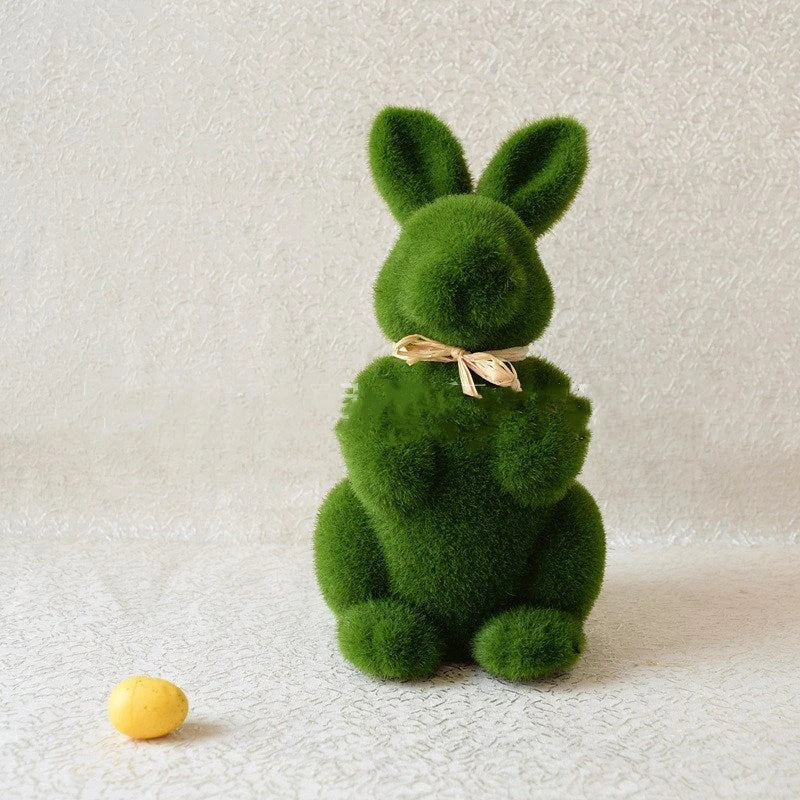 Moss-covered Easter bunny decoration made of foam and artificial grass turf, perfect for desktop or shelf display