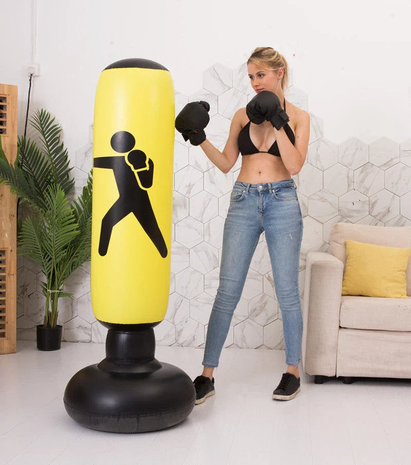 Premium inflatable freestanding boxing punch bag with durable PVC construction, reinforced double-cap seal, and large suction chassis for stable home workouts.