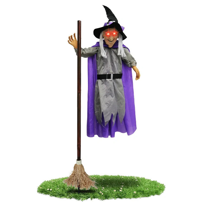 Captivating 6-foot-tall floating witch decoration with lifelike face and dramatic purple skirt, perfect for spooky Halloween displays