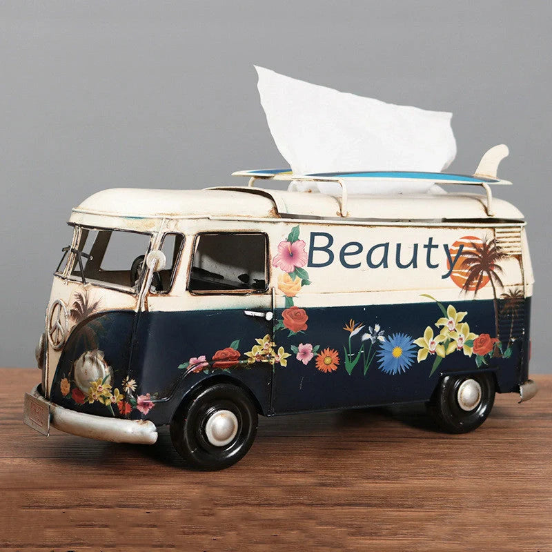 Handcrafted multicolour retro bus tissue box for home decoration