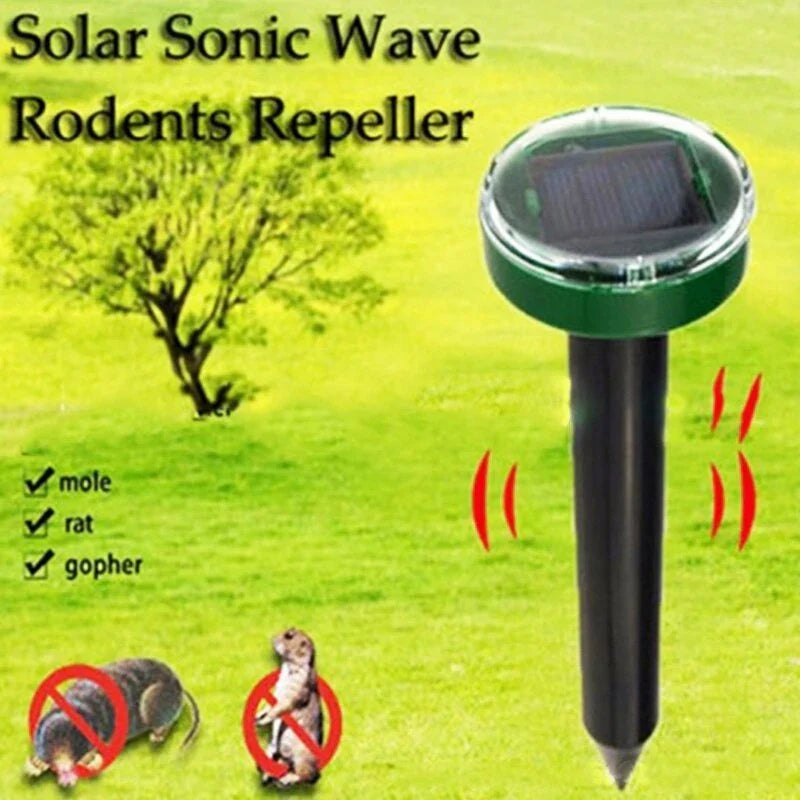 Solar-powered ultrasonic pest deterrent device for repelling moles, rats, snakes, and other burrowing pests from gardens and outdoor spaces