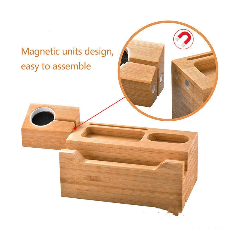 Bamboo charging station for organizing and charging Apple devices like iPhone, Apple Watch, and AirPods