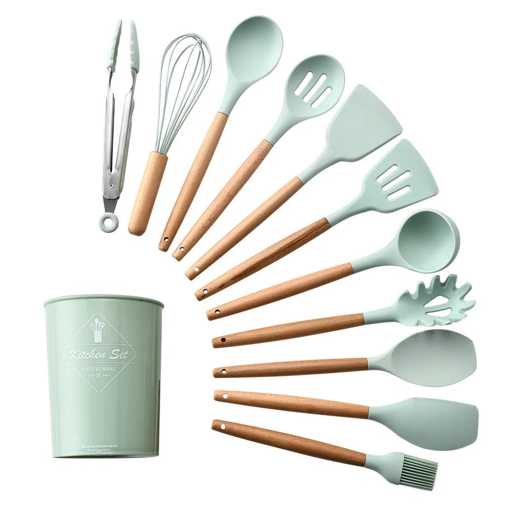 Silicone kitchenware set with wooden handles in various colors and styles, perfect for cooking, baking, and serving
