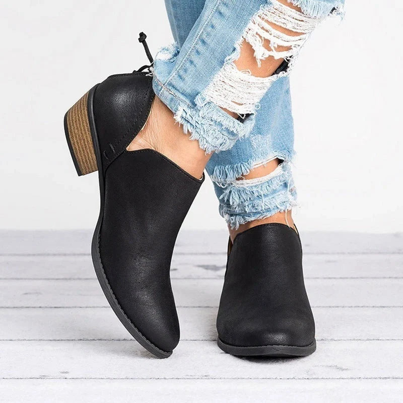Stylish retro high heel ankle boots for women in pink, black, and beige