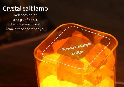 Himalayan salt lamp with warm, amber glow and adjustable lighting settings