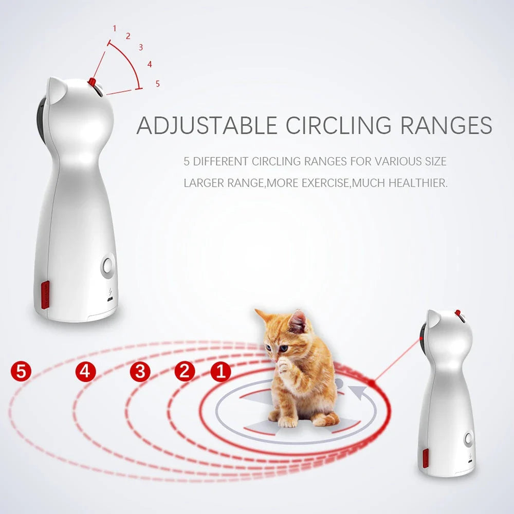 A white, automatic LED laser cat toy that provides endless entertainment for felines by engaging their natural hunting instincts.