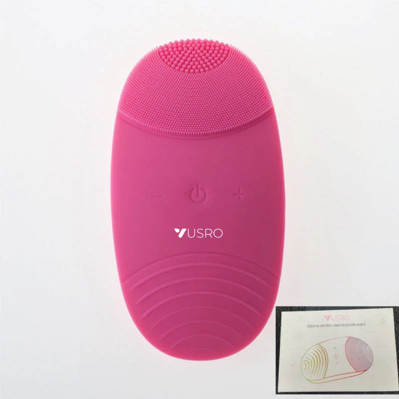 A rose red, ultrasound-powered facial cleansing device with adjustable gear positions for customised power and convenience.