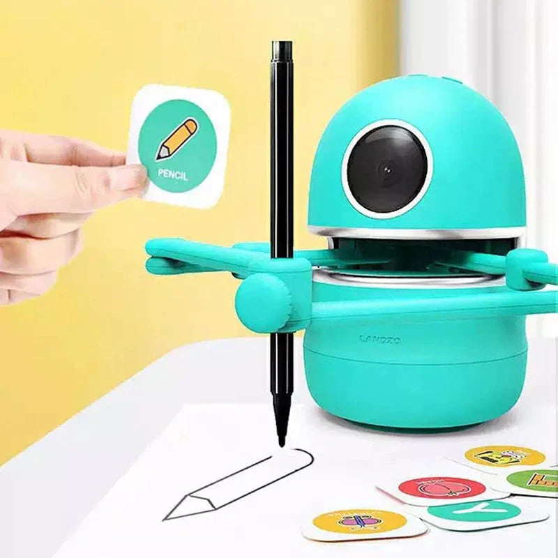 A drawing robot with a suction cup base, designed to guide children through the creative process of drawing and painting