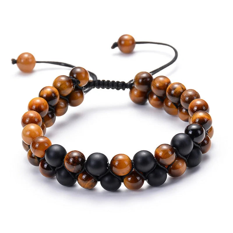 Matte black agate beads and tiger eye couple bracelets with geometric design