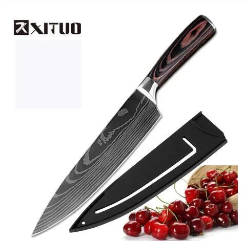 Premium 8-Piece Damascus Steel Kitchen Knife Set with Razor-Sharp Blades and Ergonomic Wooden Handles