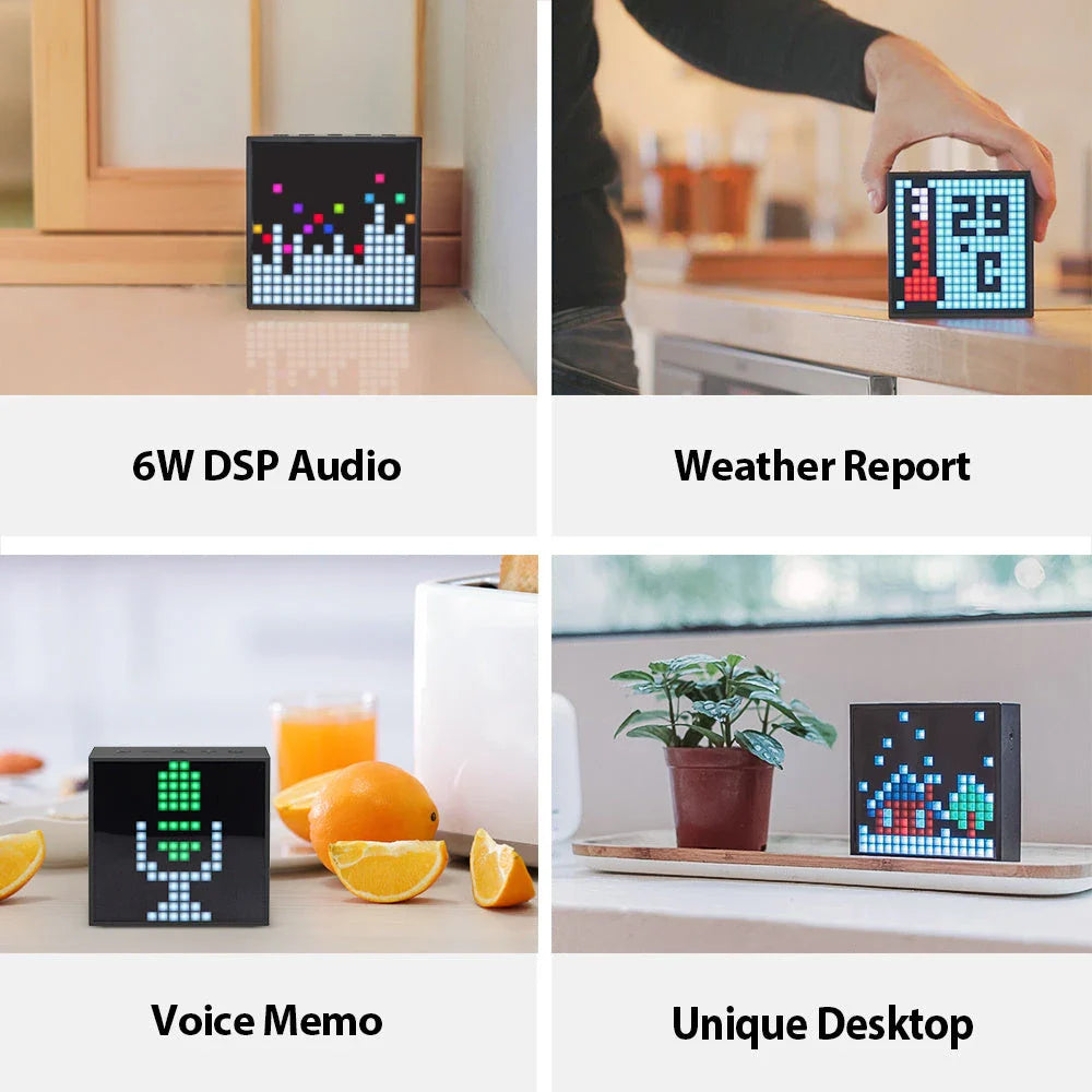 Bluetooth speaker with programmable LED display for pixel art creation, alarm clock, and DJ sound effects