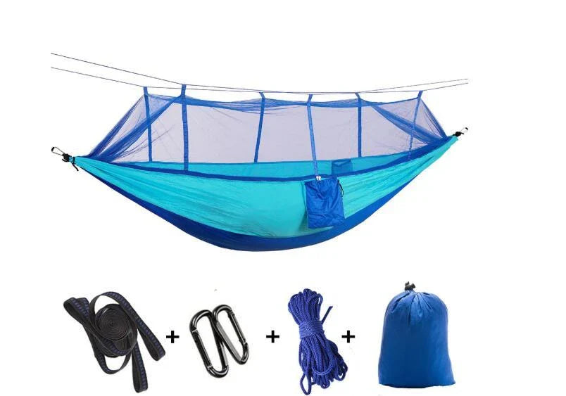 Versatile parachute hammock with mosquito net for outdoor camping and relaxation