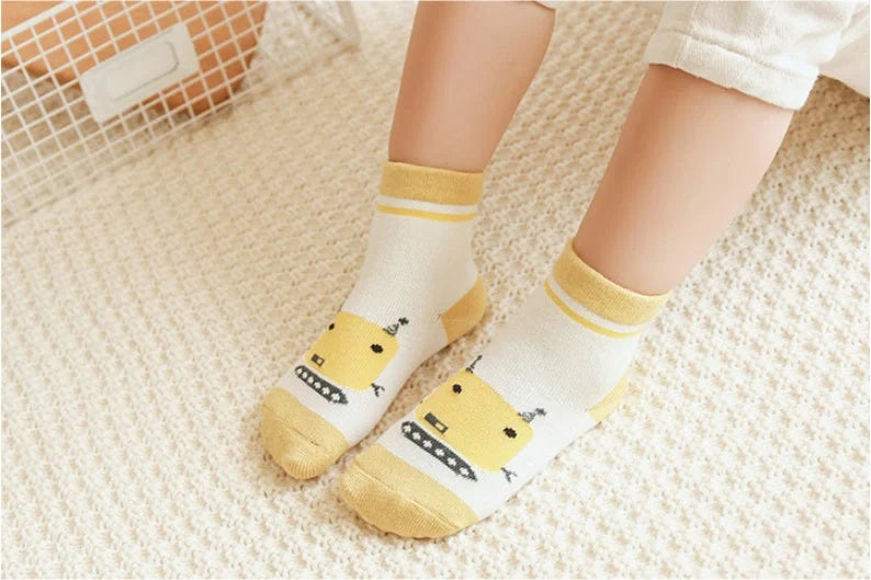 Kids' cartoon jacquard cotton socks in various fun designs for comfort and style