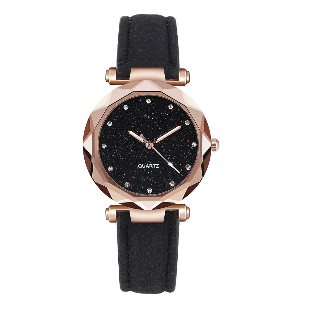 Starry Sky Women's Watch with Rhinestone Accents - Leather Strap in Various Colors
