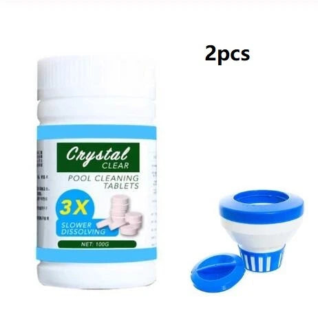 Aqua Fizz effervescent pool maintenance tablets in a box and dispenser on a white background