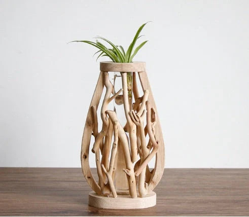 Elegant handcrafted wooden vase with intricate detailing, designed to elevate home decor