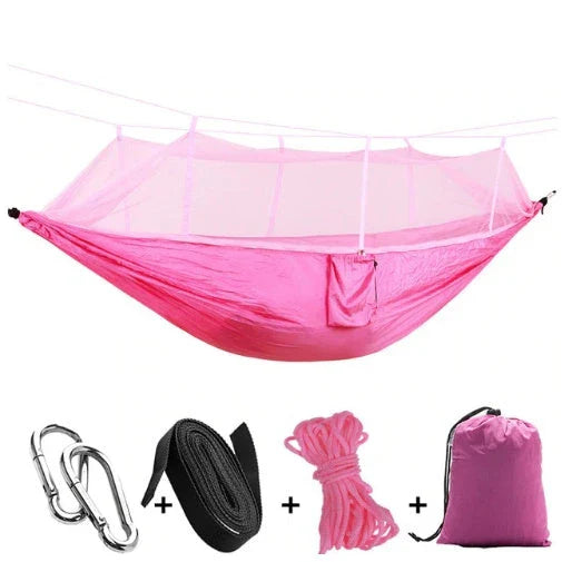 Versatile parachute hammock with mosquito net for outdoor camping and relaxation