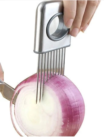 Stainless steel onion and vegetable chopper slicer with sharp tips and ergonomic handle