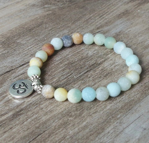Handmade Matte Amazonite Yoga Chakra Bracelet with OM and Lotus charms